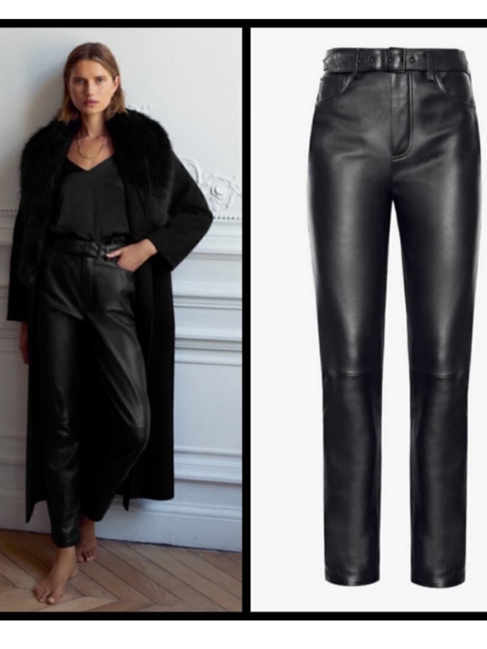 Anine Bing Connor Lamb Leather Belted Pants Black Size Medium Moto Feminine NEW